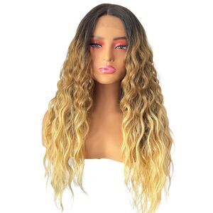 Curly Ombre Blonde Brown root Lace Front Wig Synthetic Heat Safe Soft Wig